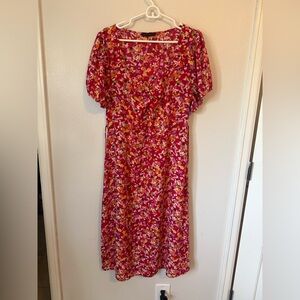 Sanctuary Red Floral Print Puff Sleeve Midi Dress Sweetheart Neck Tie Back Large